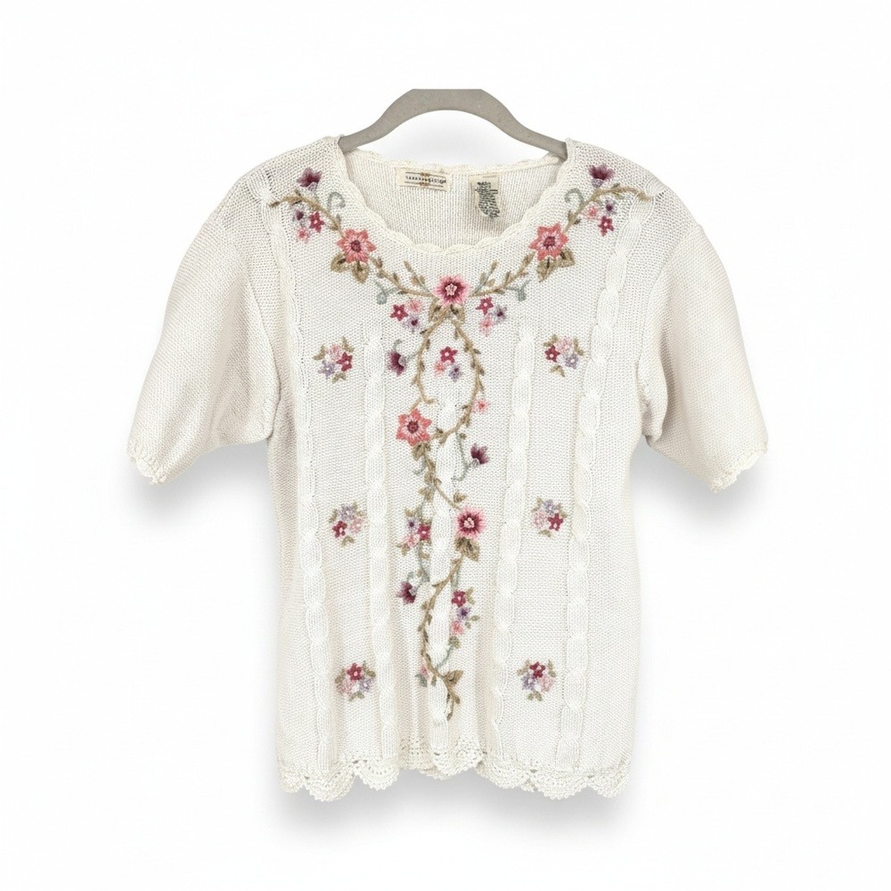 Vintage Yarnworks Embroidered Cable Knit‎ Short Sleeve Floral Sweater Cream Sz S